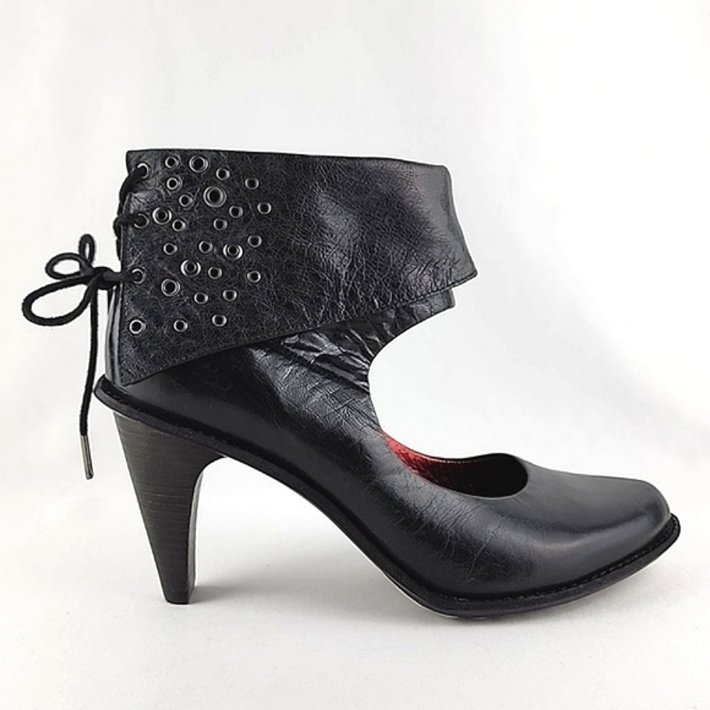 TSUBO Pump  Heels Shoes Black Leather Back Lace Ankle Foldover Tall Cuff Size 8 - Picture 4 of 15